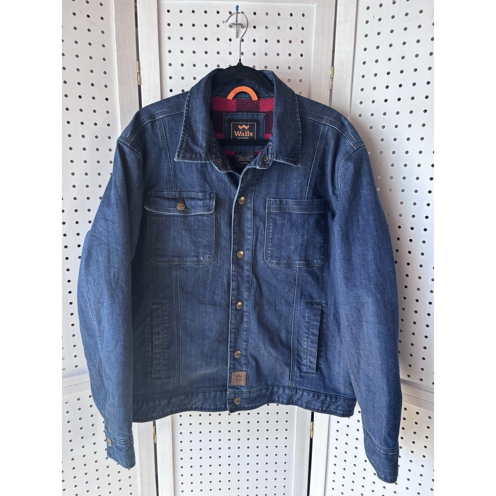 WALLS Fleece Plaid Lined Denim Snap Front Barn Chore Coat Jean Jacket Sz XL